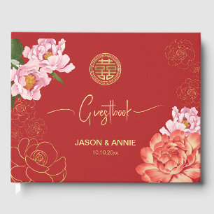 Elegante Hochzeitswillkommen in Red Peony Chinese Gästebuch