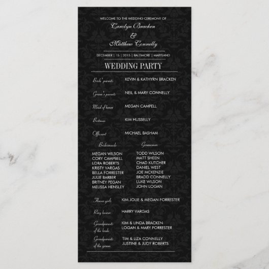 Elegante Hochzeitszeremonie Programm Black Damask (Vorderseite)