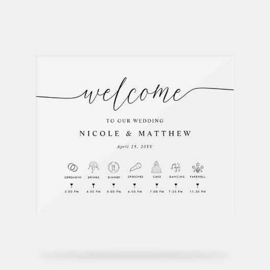 Elegante Hochzeitwillkommen und Timeline Mattiert Acrylschild (Vorderseite)
