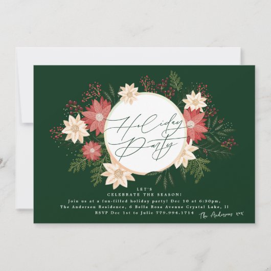 Elegante Holiday Party Poinsettia Wreath Green Einladung (Vorderseite)
