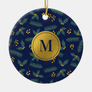 Elegante Holly-Beeren-Weihnachts-Botanik Blau Gold Keramik Ornament