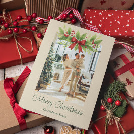 Elegante Holly & Red Bow Weihnachtskarte