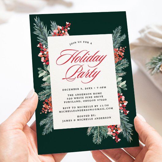Elegante Holly und Evergreen Holiday Party Einladung