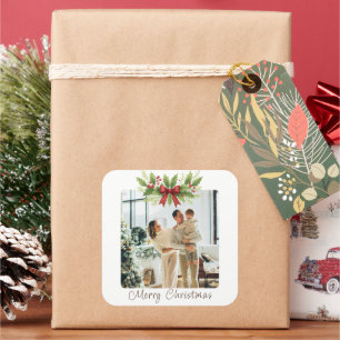 Elegante Holly- und roter Schleifen-Weihnachten -  Quadratischer Aufkleber