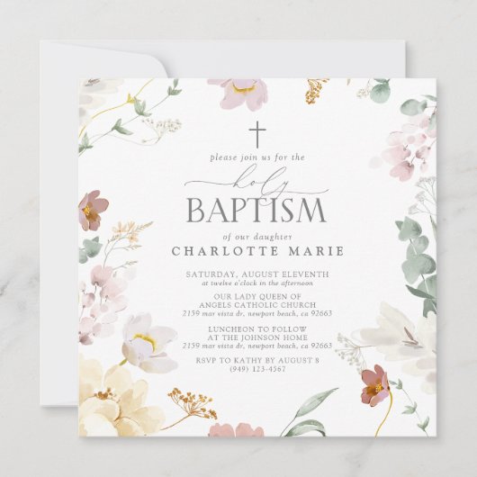 Elegante Holy Baptism Blush Pink Wasserfarbe Blume Einladung (Vorderseite)