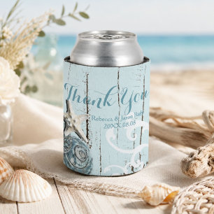 Elegante Holzblaue Meeresmuscheln Strandhochzeit Dosenkühler