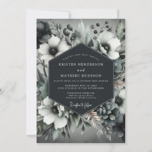 Elegante Holzkohle-Anemonen-Hochzeit Einladung