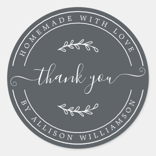 Elegante Homemade mit Liebe Off Black Danke Runder Aufkleber (Vorderseite)