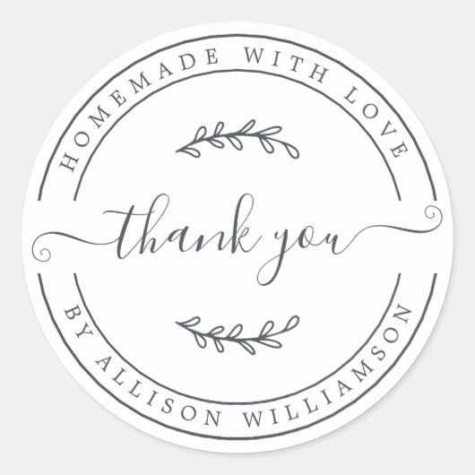 Elegante Homemade mit Liebe Schwarz-weiß Danke Runder Aufkleber (Vorderseite)