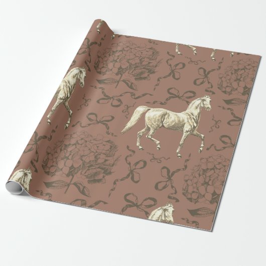 Elegante Horse Hydrangea Bows Beige Brown Toile Geschenkpapier (Ungerollt)