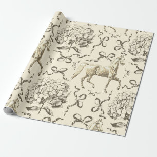 Elegante Horse Hydrangea Bows Beige Brown Toile Geschenkpapier