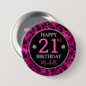 Elegante Hot Pink & Black Glitzer Blume Geburtstag Button (Vorne & Hinten)