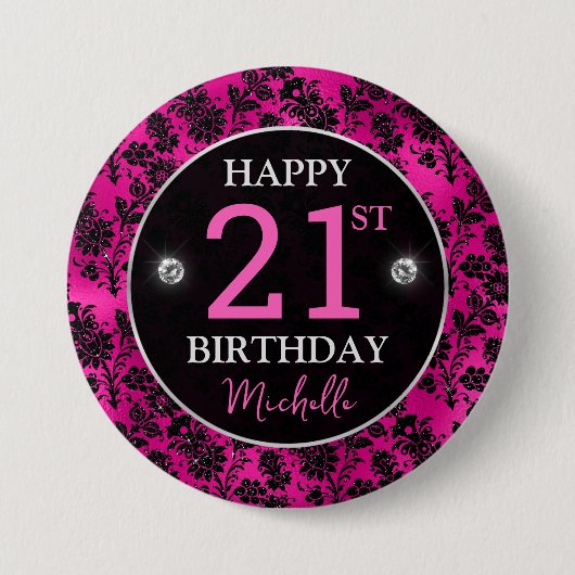 Elegante Hot Pink & Black Glitzer Blume Geburtstag Button (Vorderseite)