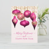 Elegante Hot Pink Gold Ornamente Weihnachtskarte (Stehend Vorderseite)