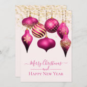Elegante Hot Pink Gold Ornamente Weihnachtskarte (Vorne/Hinten)