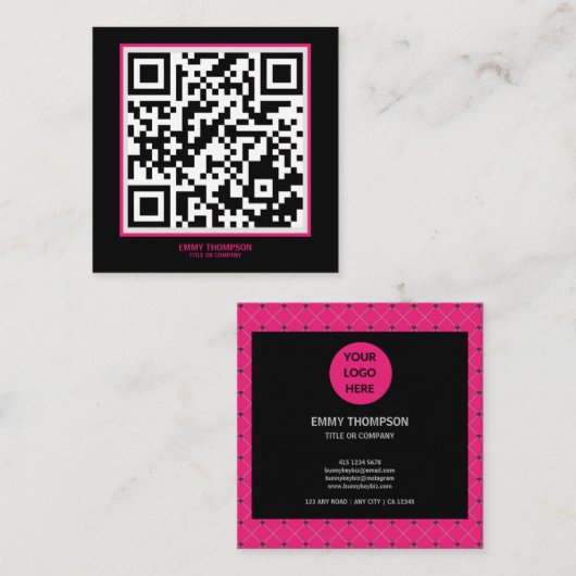 Elegante Hot Pink Magenta Black QR Scan Company Quadratische Visitenkarte (Vorne/Hinten)