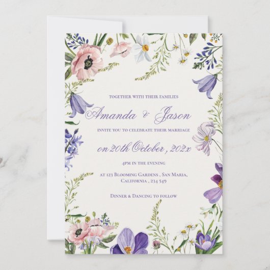 Elegante Hübsch Peach Lila Blue Floral Wedding Einladung (Vorderseite)