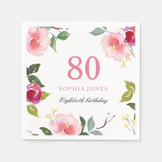 Elegante Hübsch rosa Flora 80. Geburtstagsparty Serviette (Vorderseite)