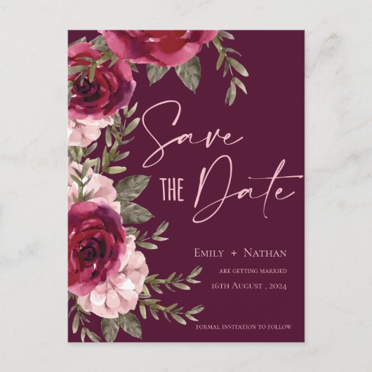 Elegante Hübsche Burgundy Peach Floral Wedding Ankündigungspostkarte (Vorderseite)