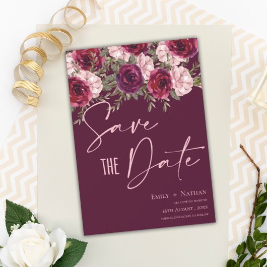 Elegante Hübsche Burgundy Peach Floral Wedding Save The Date