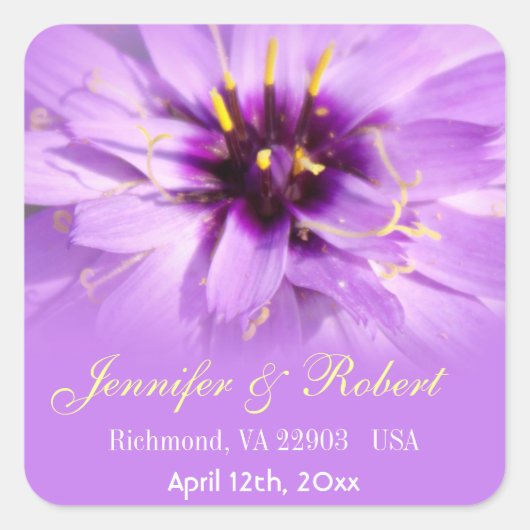 Elegante, hübsche lila Blume Hochzeitsaufkleber Quadratischer Aufkleber (Vorderseite)