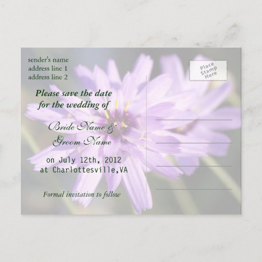 Elegante, hübsche lila Blume Save the Date Ankündigungspostkarte (Rückseite)