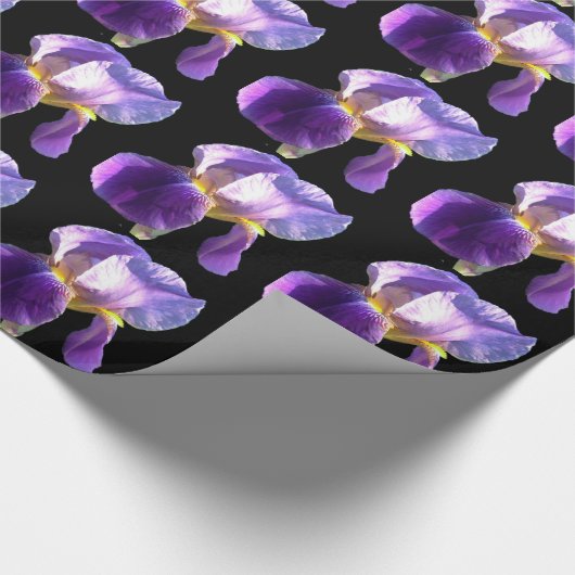 Elegante, hübsche lila Iris-Blume in Schwarz Geschenkpapier (Ecke)