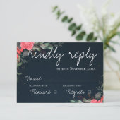 Elegante Hübsche Peach Gray Floral Script Hochzeit RSVP Karte (Stehend Vorderseite)