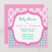 Elegante, hübsche rosa, aquamarine Blumen-Babydusc Einladung (Vorne/Hinten)