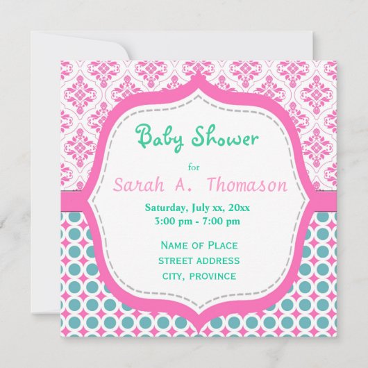 Elegante, hübsche rosa, aquamarine Blumen-Babydusc Einladung (Vorderseite)