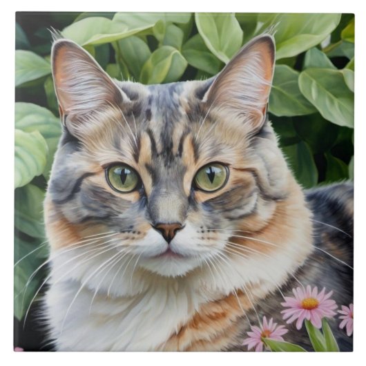 Elegante Hübsche Tortoiseshell Katze im Garten Fliese (Vorderseite)