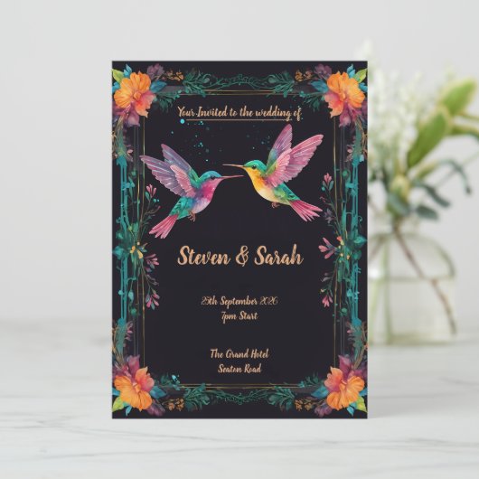 Elegante Hummingbird & Floral Wedding Einladung (Stehend Vorderseite)