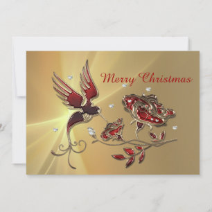 Elegante Hummingbird Red Floral Christmas Flat Feiertagskarte