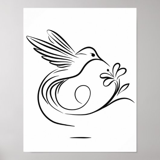 Elegante Hummingbird und Blume Line Kunst, Dichtun Poster (Vorne)