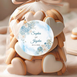 Elegante Ice Blue Ivory Rose Blume Hochzeit Runder Aufkleber