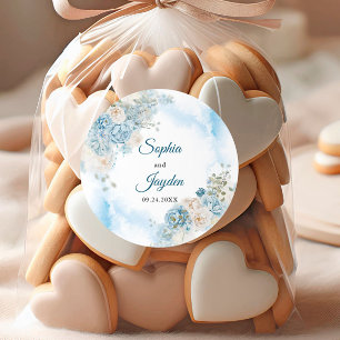 Elegante Ice Blue Ivory Rose Blume Hochzeit Runder Aufkleber