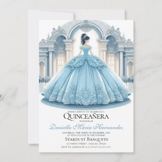Elegante Ice Blue Quinceñera Einladung (Vorderseite)