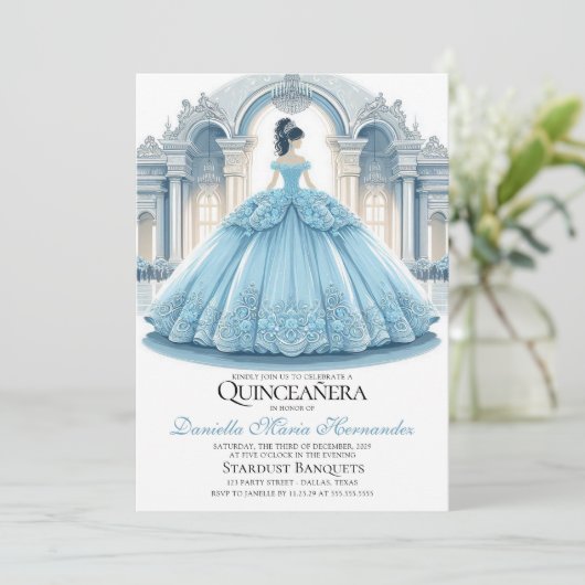 Elegante Ice Blue Quinceñera Einladung (Stehend Vorderseite)