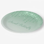 Elegante Ice Green Glitzer Script Sparkle Moderne Pappteller (Schrägansicht)
