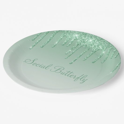 Elegante Ice Green Glitzer Script Sparkle Moderne Pappteller (Schrägansicht)