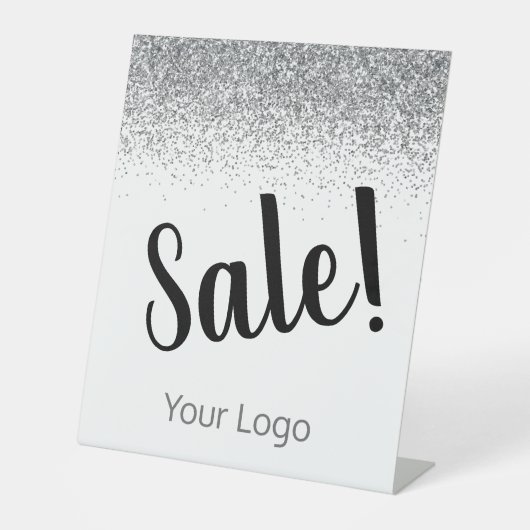 Elegante Ihr Logo Silver Glitzer Sale Business Sockelschild (Vorderseite)