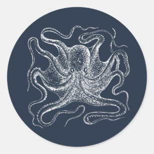 Elegante Illustration eines Oktopus in Navyblau Runder Aufkleber