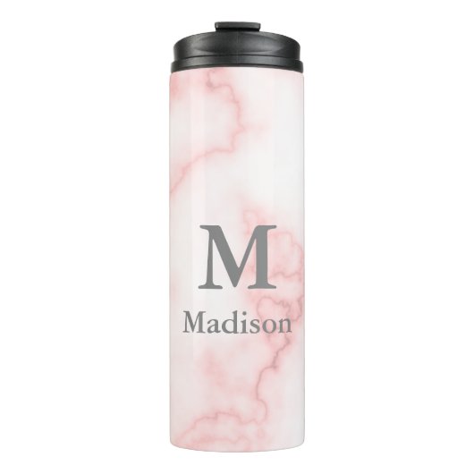 Elegante Imitat Rosa Marmor mit Name und Monogramm Thermosbecher (Vorderseite)