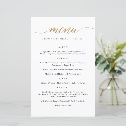 Elegante Imitate Gold Calligraphy Menu Card (Stehend Vorderseite)
