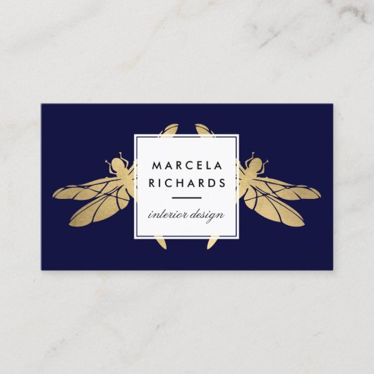 Elegante Imitate Gold Dragonfly Duo auf der Dunkle Visitenkarte (Vorderseite)