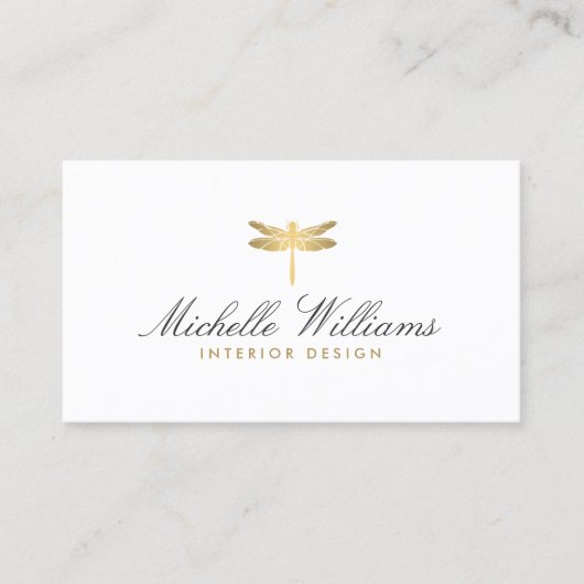 Elegante Imitate Gold Dragonfly Logo auf Weiß Visitenkarte (Vorderseite)
