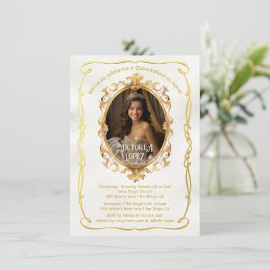 Elegante Imitate Gold Foto Königliche Quinceanera Einladung (Stehend Vorderseite)