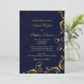 Elegante Imitate Gold Glitzer Floral Wirbel Navy B Einladung (Stehend Vorderseite)