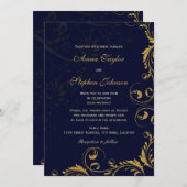Elegante Imitate Gold Glitzer Floral Wirbel Navy B Einladung (Vorne/Hinten)