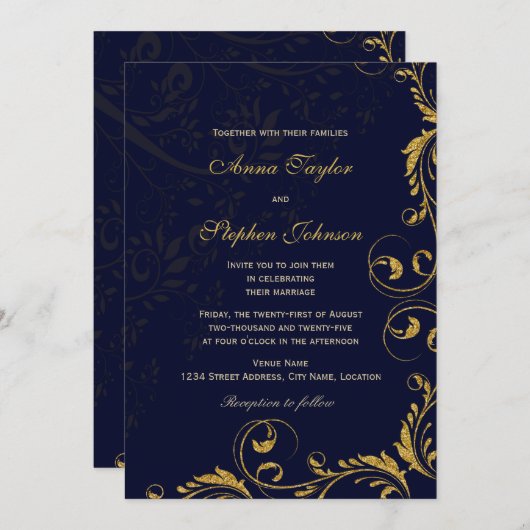 Elegante Imitate Gold Glitzer Floral Wirbel Navy B Einladung (Vorne/Hinten)